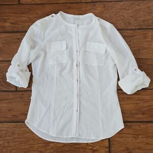 Calvin Klein women's small/petite white button front blouse adjustable sleeves